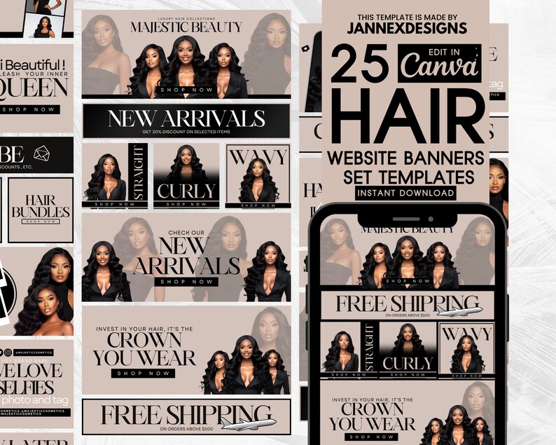 May include: A set of 25 website banner templates for hair extensions, featuring a variety of hairstyles, including straight, curly, and wavy. The templates are designed to be edited in Canva and include text such as "New Arrivals", "Free Shipping", and "Invest in your hair, it's the crown you wear".