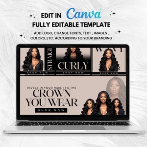 May include: A laptop screen displaying a website advertisement for hair extensions. The ad features three different hair styles: straight, curly, and wavy. The text on the ad reads "Invest in your hair, it's the crown you wear. Shop now."