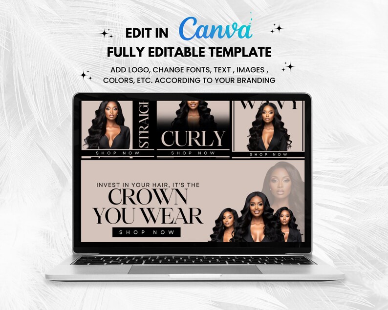 May include: A laptop screen displaying a website advertisement for hair extensions. The ad features three different hair styles: straight, curly, and wavy. The text on the ad reads "Invest in your hair, it's the crown you wear. Shop now."