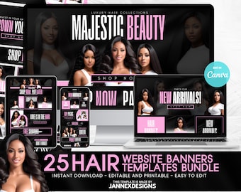 Pink Hair Website Banner Kit Canva Templates Shopify Beauty Store DIY Editable Digital Download Design
