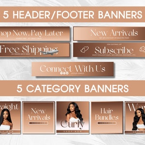 May include: Five banner ads for a hair extensions business. The top banners advertise free shipping, shop now pay later, new arrivals, and subscribing to the business's email list. The bottom banners advertise different types of hair extensions: straight, curly, wavy, new arrivals, and hair bundles.