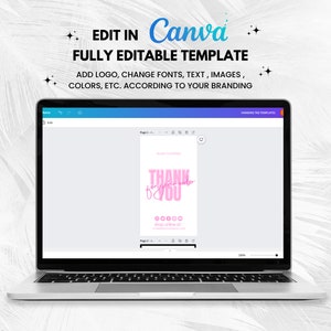 May include: A laptop displays a design template with the text "THANK YOU" in pink. The template is for a hanging tag and is fully editable in Canva. The design includes space for a logo and social media handles.