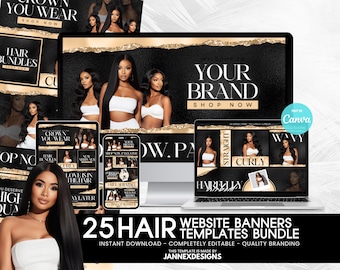 DIY Gold Hair Website Banner Kit Canva Templates Shopify Editable Digital Download Boutique Design