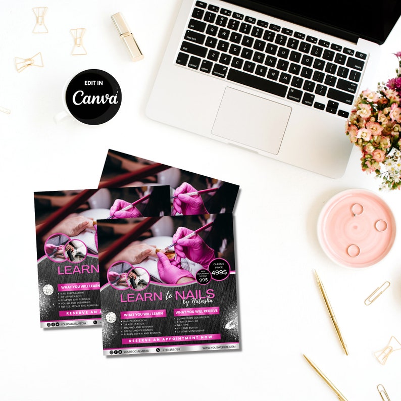 May include: A pink and black flyer with the text "Learn to Nails by Natalia" and the prices $995 and $4995. The flyer has a photo of a hand with pink gloves applying nail polish.