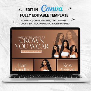 May include: A laptop computer screen displaying a website with a brown background and the text "Invest in your hair, it's the crown you wear". The website also has a button that says "Shop Now". Below the text are three images of women with long, straight hair. The images are labeled "Hair Bundles", "New Arrivals", and "Shop Now".