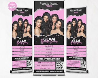 Puede incluir: Tres pancartas verticales retráctiles para Majestic Beauty con un diseño en rosa y negro, imágenes de mujeres, el texto Glam Beauty Services, una lista de servicios que incluye pestañas, uñas, cabello, maquillaje y un código QR.
