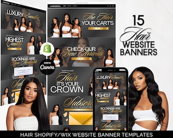 Editable Canva Black & Gold Hair Website Banners for Shopify Wix, Hair Extensions Wigs Business, Beauty Salon Graphics, Hair Brand Template