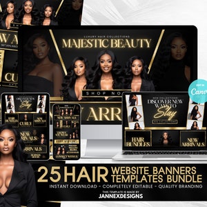 DIY Hair Website Banner Kit Shopify Hair Extension or Wig Boutique Store Website Design Hairstylist Shopify Gold Web Banners Branding Beauty
