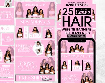 White Pink Shopify Theme Canva Hair and Beauty Website Templates with Banners DIY Editable
