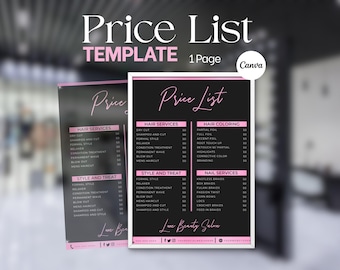 Salon Price List Template, Hair Salon Service Menu, Editable Canva Beauty Price List, Hair Stylist Pricing Sheet, Pink  Printable Template