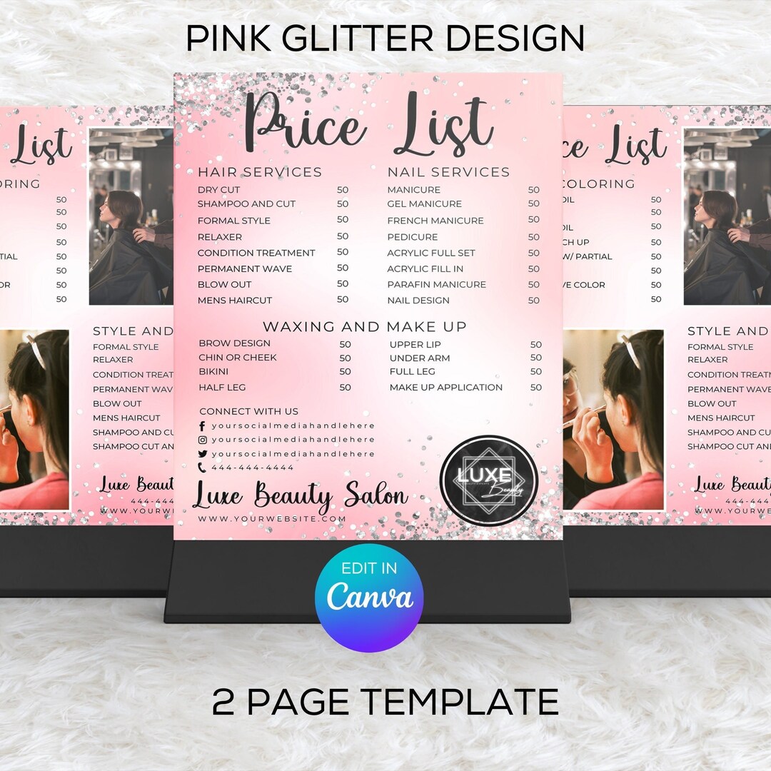 Editable PINK Price List Template, Printable Price Guide, Salon Price