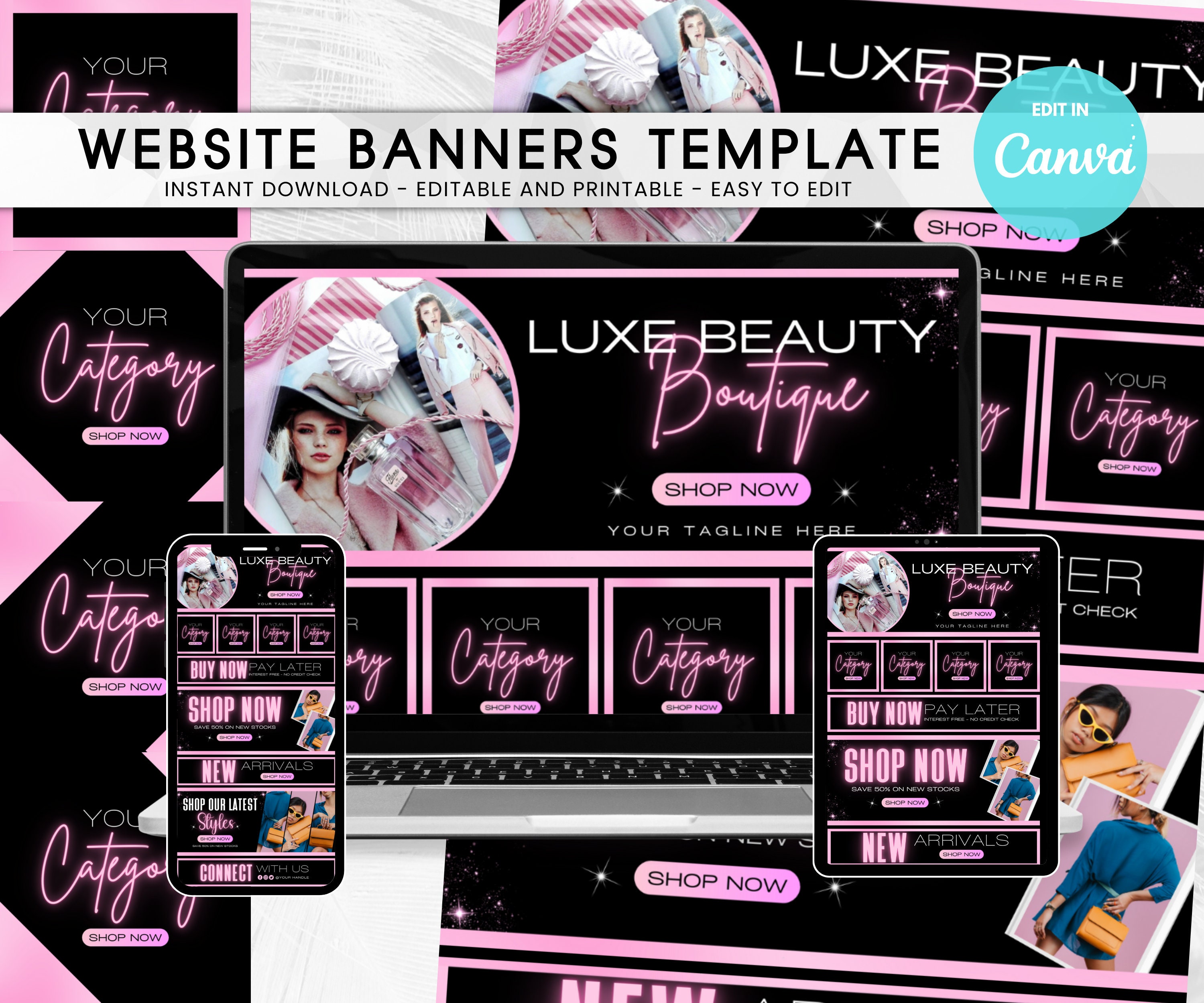Pink Website Banners Template: Boutique Shopify Design (canva Editable ...