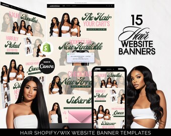 Hair Website Banner Templates: Pink Matcha Canva Hair Banners for Shopify & Wix, Hair Extensions, Wigs and Beauty Salon Websites