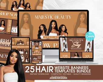 Hair Website Banner Kit Canva Templates Brown Shopify Store DIY Editable Digital Download Design