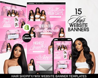 Premium Pink Hair Website Banner Templates, Editable Canva Hair Banners for Shopify & Wix, Hair Extensions Wigs Store, Beauty Salon Graphics