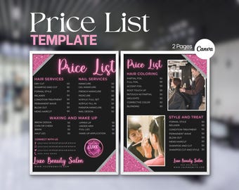 Preislistenvorlage für Salons (Canva), bearbeitbare Preisliste für Schönheitssalons, Preisleitfaden für pinkfarbene Haar- und Schönheitsdienstleistungen, druckbare digitale Vorlage