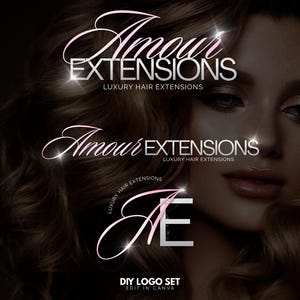 May include: A digital logo set for Amour Extensions featuring the text Amour Extensions Luxury Hair Extensions and the initials AE in a script and sans-serif font combination with sparkling light effects over a dark background image.