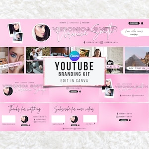 YouTube-brandingkit, bewerkbare YouTube-banners, miniaturen, eindscherm, kanaalkunst, intro's en outro's, YouTube Canva-sjablonen