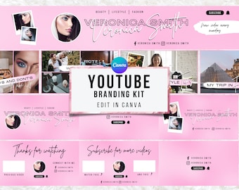 May include: A pink YouTube branding kit template featuring the name Veronica Smith, social media icons, and placeholders for profile pictures and video thumbnails. The design includes text elements like Subscribe, New video every monday, and Thanks for watching.