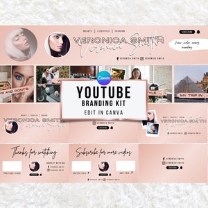 Kit di branding Youtube, banner YouTube modificabili, miniature, schermata finale, grafica del canale, introduzioni e outro, modelli Youtube Canva