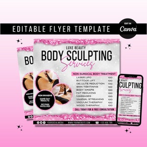 Volantino per servizi di rimodellamento del corpo fai da te, scultura del corpo, volantino per spa per il corpo, contorno del corpo, volantino per terapia di bellezza, modello Canva per volantino per social media