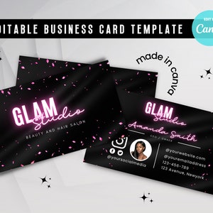 Pink Glam Business Card Template: DIY Hair, Lash, Makeup (Canva)