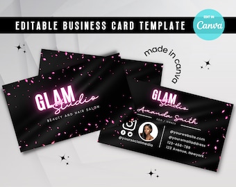 Editable Pink Glam Business Card Canva Template DIY Hair Lash Makeup Professional Digital Design