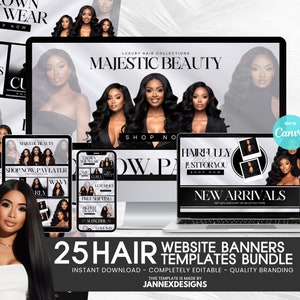 Può includere: Una collezione di 25 modelli di banner per siti web per aziende di parrucchieri. I modelli presentano uno schema di colori bianco e nero con immagini di donne con capelli lunghi e fluenti. Il testo sui banner include frasi come "Majestic Beauty", "Hairfully Blessed", "Acquista ora, paga dopo" e "Nuovi arrivi". I banner sono progettati per essere utilizzati su siti web e social media.