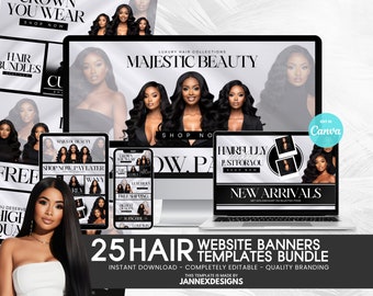 Editable Hair Website Banner Templates Canva DIY Black & Silver Shopify Boutique Digital Marketing Pack