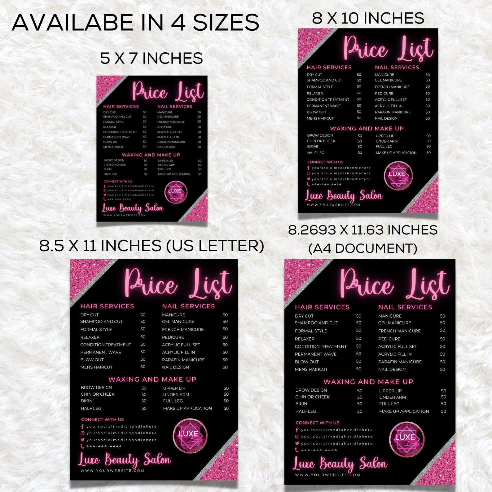 Editable Gold Price List Template, Printable Price Guide, Salon Price