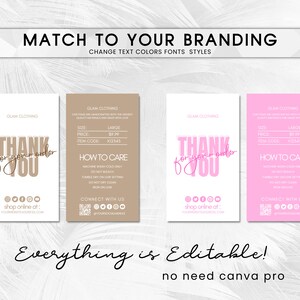 May include: Four different designs of Glam Clothing thank you cards. The cards have a white background with text in pink and brown. The cards include the text "Thank you for your order", care instructions, and social media icons.