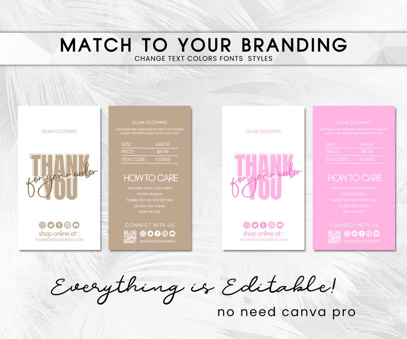 May include: Four different designs of Glam Clothing thank you cards. The cards have a white background with text in pink and brown. The cards include the text "Thank you for your order", care instructions, and social media icons.