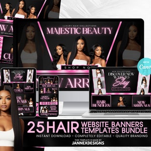 DIY Hair Website Banner Kit Shopify Hair Extension or Wig Boutique Store Website Design Hairstylist Shopify Pink Web Banners Branding Beauty