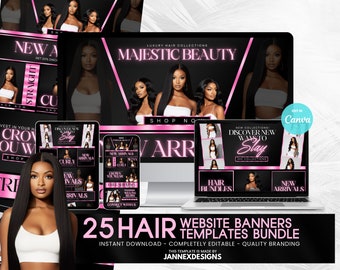 Editable Hair Extension Website Banner Kit Canva DIY Pink Shopify Store Digital Marketing Graphics Pack