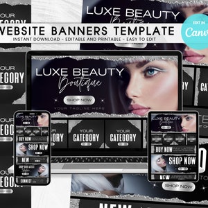 Può includere: Modello di banner per sito web per una boutique di bellezza con sfondo glitter argentato. Il banner presenta il viso di una donna truccata, il testo "LUXE BEAUTY Boutique" e la call to action "Shop Now".