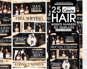 Editable Gold Hair Website Banners Canva Template DIY Shopify Boutique Digital Marketing Graphics Pack