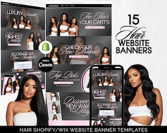 Editable Canva Pink & Black Hair Website Banners for Shopify Wix, Hair Extensions Wigs Business, Beauty Salon Graphics, Hair Brand Template