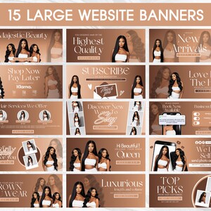May include: A collection of 15 website banners featuring images of women with long, flowing hair. The banners promote hair care services, products, and sales. Some banners include text such as "Majestic Beauty", "Highest Quality", "Shop Now Pay Later", "Love Is In The Hair", "Discover New Ways To Slay", "Hi Beautiful! Unleash Your Inner Queen", "Luxurious Length and Volume", "Top Picks From Our Customers", and "We Love Selfies".