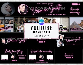 May include: A YouTube branding kit template featuring black backgrounds with neon pink text and accents. The design includes channel art, profile picture frames, and end screens with placeholders for social media handles, subscribe buttons, and video thumbnails.