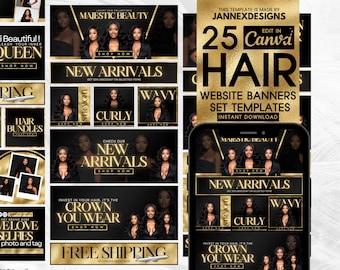 Editable Gold Hair Website Banner Canva Templates DIY Shopify Wix Branding Digital Marketing Graphics