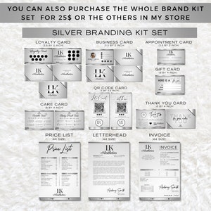May include: A silver branding kit for a business called "LK Aesthetics". The kit includes a loyalty card, business card, appointment card, gift card, care card, QR code card, thank you card, price list, letterhead, and invoice. All of the cards and documents are designed in a silver and white color scheme.