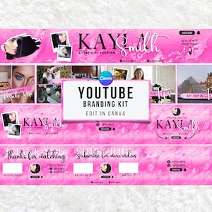 Kit di branding Youtube, banner YouTube modificabili, miniature, schermata finale, grafica del canale, introduzioni e outro, modelli Youtube Canva