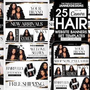 DIY Premade Hair Website Banner Kit Shopify Hair Extension or Wig Boutique Store Hairstylist Website Design  Shopify Banners Template Beauty