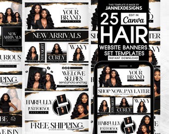 DIY Hair Website Banner Kit Canva Templates Shopify Wig Boutique Editable Digital Download Design