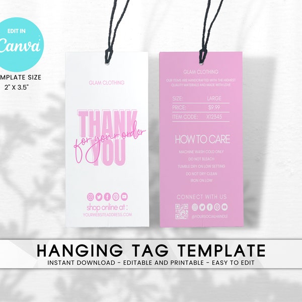 Printable Pink Clothing Hang Tag Template, Fashion Boutique Price Tag Labels, Clothing Garment Care Swing Tags, Thank You Hanging Tag Canva