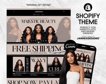 Beige Boho Shopify Theme Canva Hair and Beauty Website Templates with Banners DIY Editable