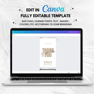 May include: A laptop displays a Canva template for a hanging tag. The tag design features the text "THANK YOU for your order" in brown script. The template is fully editable, allowing users to add logos, change fonts, text, images, and colors.