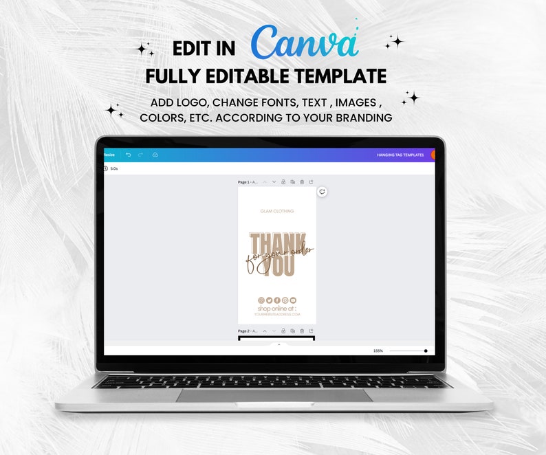 May include: A laptop displays a Canva template for a hanging tag. The tag design features the text "THANK YOU for your order" in brown script. The template is fully editable, allowing users to add logos, change fonts, text, images, and colors.