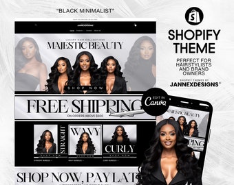 Editable Black Minimalist Shopify Theme Canva Hair Beauty Website DIY Banners Digital Marketing Pack