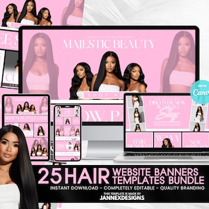 DIY Hair Website Banner Kit Shopify Hair Extension or Wig Boutique Store Website Design Pink Web Banner Branding Beauty Hairstylist Shopify